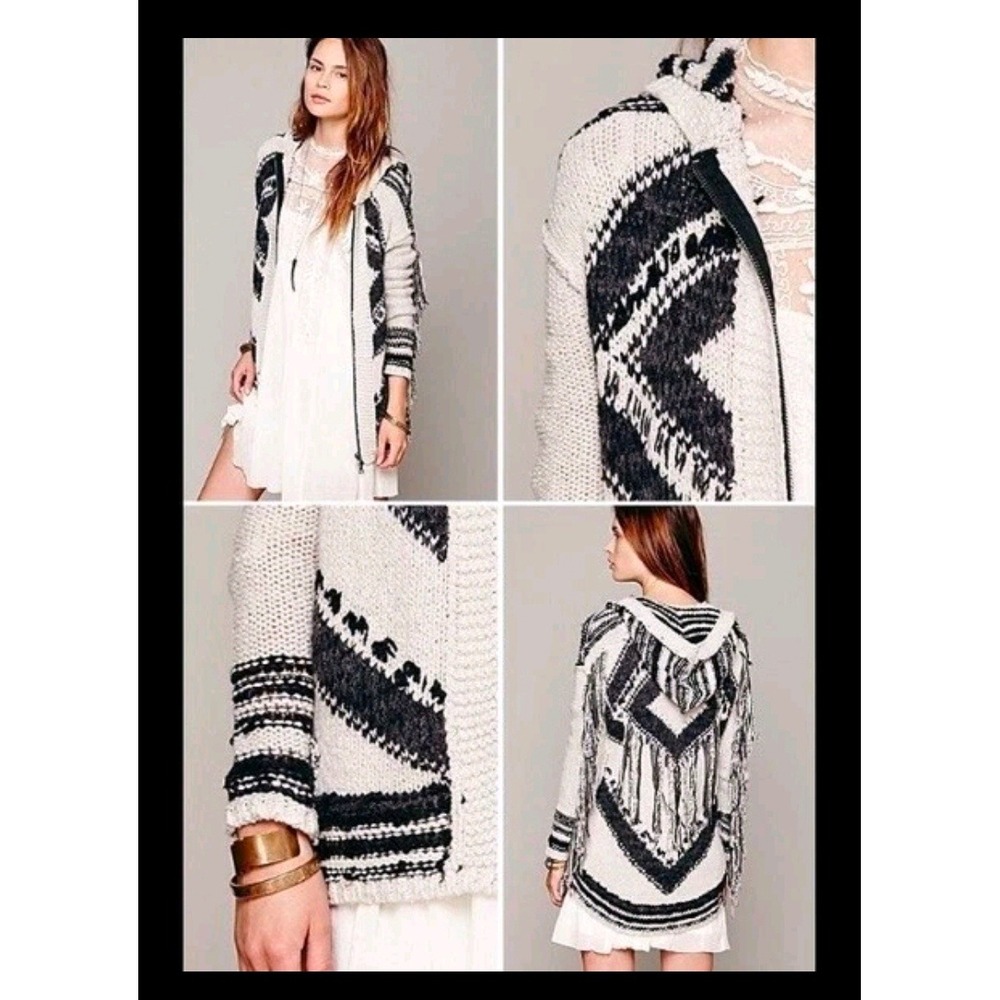 Free People Sz M Hooded Fringe‎ Knit Zip Up Cowgirl Sweater Ivory Black#408